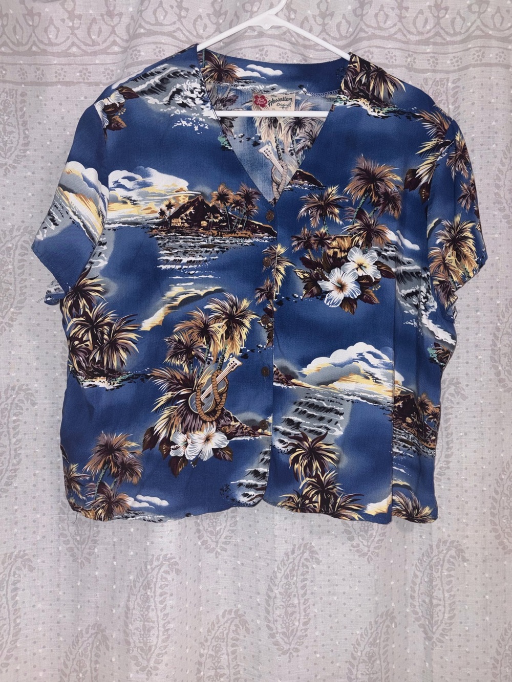 Vintage Hilo Hattie Blue Tropical Print Button-Front Blouse Womens XL